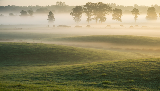 Lush green farm at sunrise
